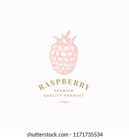 The Raspberry Abstract Vector Sign, Symbol or Logo Template. Hand Drawn Raspberry Sketch Sillhouette with Elegant Retro Typography. Vintage Luxury Emblem. Isolated.