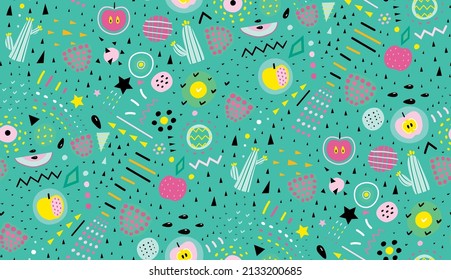 Raspberry Apple pattern background with cactus, seeds and cookies, repeat pattern for children design, apple wrapping paper. Textile or packing print for kids. Trendy style vector hand drawn design.