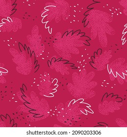 Raspberry background with abstract plant motifs in doodle style. A dynamic composition of plant motifs. Flat vector illustration.