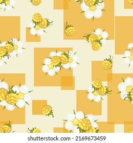 Raspberry background. Yellow berry. Fresh, juicy berries with square, flowers. Eco products. Summer fruits seamless pattern for farmers market. Vector illustration. Vector illustration