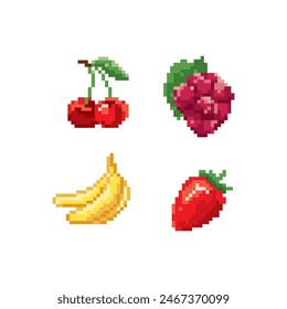 raspberry, banana, strawberry, cherry pixel art icon ыке. Funny berry isolated vector illustration. 8-bit. Design stickers, logo, app, embroidery.