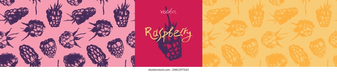 Raspberry banner with raspberries pattern seamless, hand-drawn vector red berry illustrations. Juice or jam label design. Ripe raspberry background for baby food packaging.