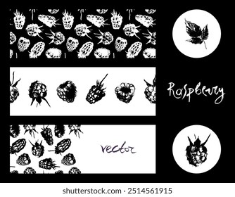 Raspberry banner set and label templates. Hand drawn raspberries seamless pattern. Vector wild berries background. Botany chalk sketches for blackberry label, organic food packaging design.