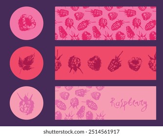 Conjunto de Anuncio de frambuesa y Plantillas de etiquetas. Dibujado a mano frambuesas sin patrón. Fondo de bayas silvestres de Vector. Bocetos de tiza botánica para etiqueta de mora, diseño de empaque de alimentos orgánicos.