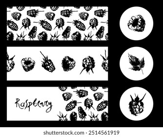 Raspberry banner set and label templates. Hand drawn raspberries seamless pattern. Vector wild berries background. Botany chalk sketches for blackberry label, organic food packaging design.