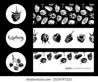 Raspberry banner set and label templates. Hand drawn raspberries seamless pattern. Vector wild berries background. Botany chalk sketches for blackberry label, organic food packaging design.