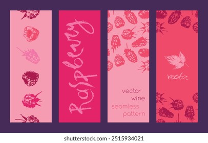 Raspberry banner set and label templates. Hand drawn raspberries seamless pattern. Vector wild berries background. Botany chalk sketches for blackberry label, organic food packaging design.