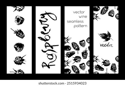 Raspberry banner set and label templates. Hand drawn raspberries seamless pattern. Vector wild berries background. Botany chalk sketches for blackberry label, organic food packaging design.