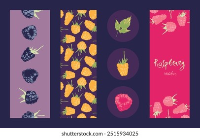 Raspberry banner set and label templates. Hand drawn raspberries seamless pattern. Vector wild berries background. Botany chalk sketches for blackberry label, organic food packaging design.