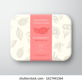 Raspberry Bath Cosmetics Package Box. Abstract Vector Wrapped Paper Container with Label Cover. Packaging Design. Modern Typography and Hand Drawn Berries Background Pattern Layout. Isolated.