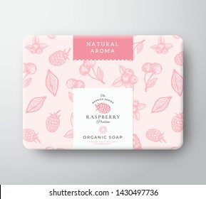 Raspberry Bath Soap Cardboard Box. Abstract Vector Wrapped Paper Container with Label Cover. Packaging Design. Modern Typography and Hand Drawn Berries Background Pattern Layout. Isolated.