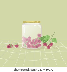 Raspberry berries in a jar. Summer berries for jam. Sweet snack. Picnic.Branch with berries.