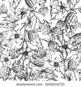 Raspberry berries leaves flowers on thorny spiked branch hand drawn in vector ink. Ripe cloudberry dewberry mulberry. Isolated seamless pattern. Home preserves, grocery store, gardening stationery