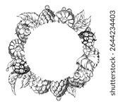 Raspberry berries leaves wreath in water splash, dew drops hand drawn in vector ink. Ripe garden dewberry cloudberry mulberry loganberry. Isolated circle frame. Fresh grocery drinks, preserves recipes