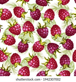 Raspberry berries in a seamless pattern.Raspberry berries and leaves on a white background in a color pattern.