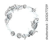 Raspberry berries wreath flying in water splash with leaves, dew drops, ripe garden dewberry cloudberry mulberry loganberry hand drawn in vector ink. Isolated circle frame. Fresh grocery store, drinks