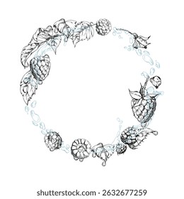 Raspberry berries wreath flying in water splash with leaves, dew drops, ripe garden dewberry cloudberry mulberry loganberry hand drawn in vector ink. Isolated circle frame. Fresh grocery store, drinks