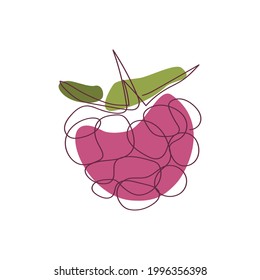 la baya de frambuesa se dibuja por una línea continua sobre un fondo de manchas abstractas de color rojo y verde sobre un fondo blanco