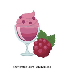 Raspberry or berry flavored fruit sundae with glass cup isolated on white background