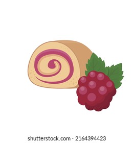 Raspberry or berry fruit flavored cake roll with cream, high calorie tasty sweet dessert, vector illustration style, isolated on white background