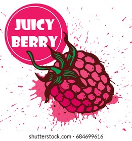 Raspberry berry, juicy , blot, spray, vector illustration hand drawing,the design is suitable for registration of label, logo