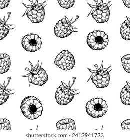 Raspberry berry with leaves illustrations, vector seamless pattern design, engraving style, floral elements for fabric, wallpaper