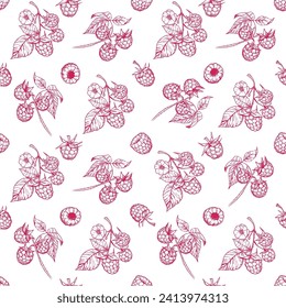 Raspberry berry with leaves illustrations, vector seamless pattern design, engraving style, floral elements for fabric, wallpaper
