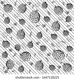 Raspberry berry seamless pattern in black and white on a geometric background of oblique stripes, vector illustration