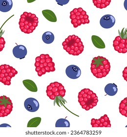 Raspberry and bilberry vector seamless pattern. Sweet red and blue northern forest berries isolated on white background. Hand drawn healthy ripe berries repeated illustration for food packaging