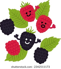 Ilustración plana de color frambuesa y mora negra. Icono del vector.Las manos pueden moverse.