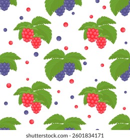 Raspberry and blackberry isolated on a white background. Seamless pattern. Red, violet berries and green leaves in the flat style. Background for paper, gift wrap, textile, wallpaper.