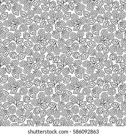 raspberry blackberry with leaves seamless pettern black outline on isolated on white background for site, blog, coloring book, fabric. Vector