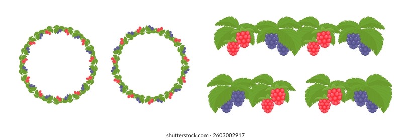 Raspberry, blackberry round frame and horizontal border, different options. Isolated on a white background. Red berries and green leaves in the flat style. 