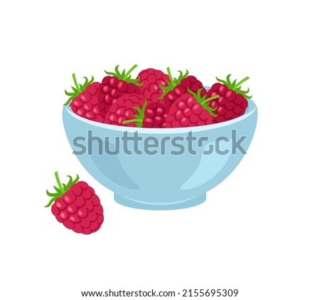 Raspberry in blue bowl isolated on white. Vector flat icon of fresh red berries.