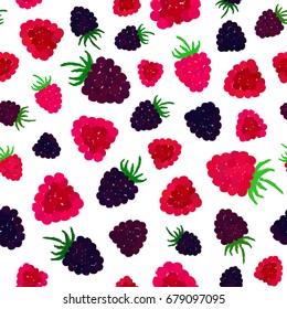 Raspberry Blueberry Background. Berry Painted Pattern. Seamless chaotic decoration for kitchen wallpaper, poster print, furniture textile, fashion fabric. Bright slices with leaf. Vector illustration.