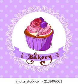 Raspberry - quequito de arándano azul en una servilleta de encaje contra el fondo de un punto de polka. Plantilla para una panadería. Ilustración vintage en estilo de esbozo. Para menú, pastelería, invitación de cumpleaños, postal, póster