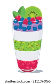 Raspberry, blueberry, kiwi, dairy pudding layered decorated with berries in glass. Healthy fruity milky snack, dietary vegan nutrition