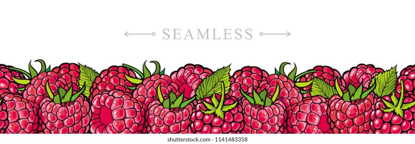 Raspberry border seamless pattern with fresh ripe berries and green leaves in sketch style isolated on white background. Hand drawn summer sweet fruits in vector illustration.