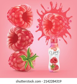 Diseño de frascos de frambuesa con salpicaduras de jugo de frambuesa.ilustración vectorial