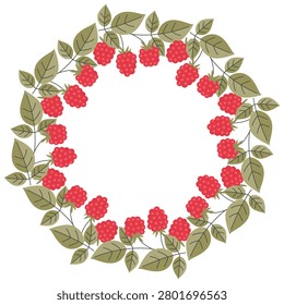 Raspberry branches wreath template. Cartoon border with fruits and leaves isolated on white background. Botanical composition in green and crimson, colors. Vector frame for poster, card, invitation.