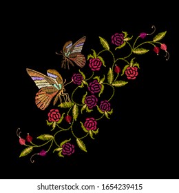 Raspberry and butterfly. Embroidery. Summer garden concept. Fashion template for clothes, textiles, t-shirt design