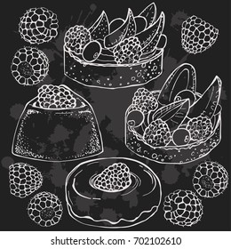 Raspberry, cake with berries and cream, donut  on chalkboard background. Vector food image. Sweet and beautiful dessert. Set of elements.