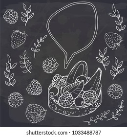 Raspberry and cake with berries and cream on chalkboard. Vector food image. Sweet and beautiful dessert. Set of elements. Perfect for dessert menu or food package design.
