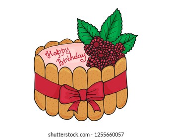 Raspberry cake with cookies. Isolated image for cafe and restaurant menu. Vintage style. Vector illustration.
