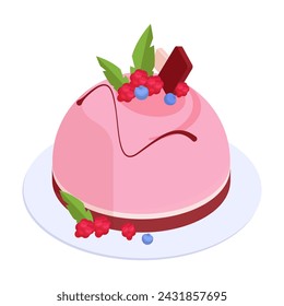 Raspberry cake. Isometric Birthday party vanilla cake with raspberry frosting and fresh berries, sweet pastry cake 3d vector illustration. Festive cake on white