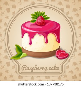 Raspberry cake with syrup dessert emblem in frame and food cooking icons on background vector illustration