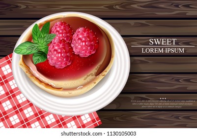 Raspberry cake Vector realistic. Sweet tasty dessert on wooden background. Menu template banners