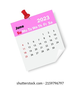 Himbeerkalender Juni 2023 mit Pin. Erinnerung an 2023. Geschäftsplan. Vektorgrafik. Stockbild.