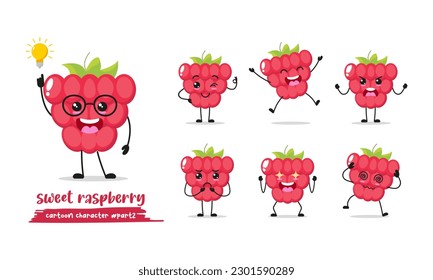 raspberry cartoon with many expressions. different fruit activity vector illustration flat design. smart berries for children story book.