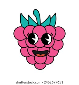 Raspberry character in 70s cartoon style. Vector illustration isolated on white background